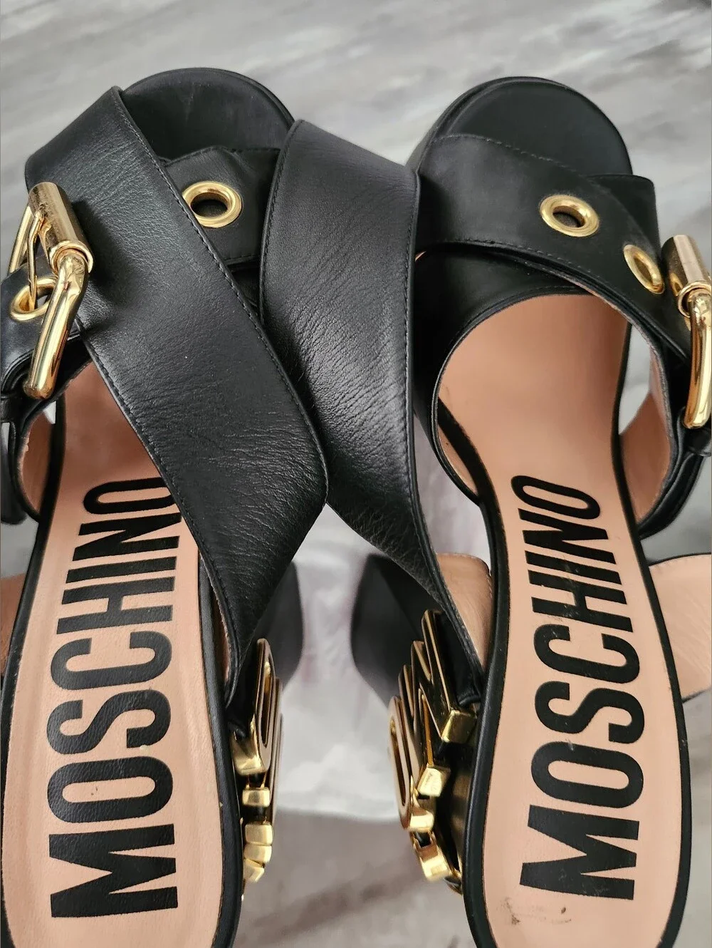 Moschino Black Platform Sandals with Gold Hardware